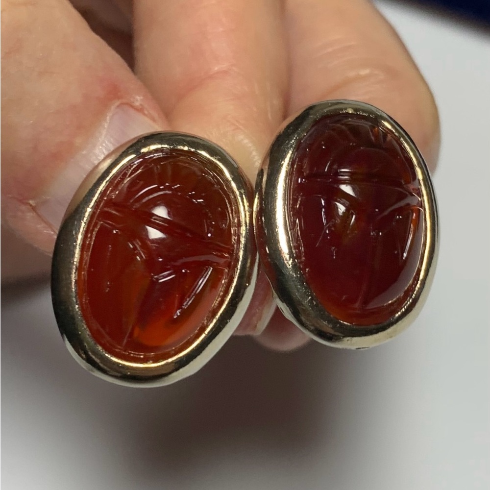 Vintage Screw-back Gold-Trim Red Carnelian Scarab Earrings
